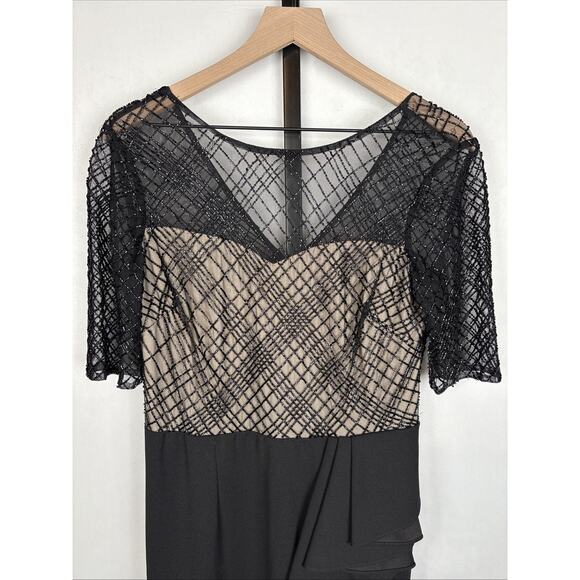 Adrianna Papell Plaid Beaded Formal Dress Women's 10 Black Side Slit Elegant - Picture 3 of 15